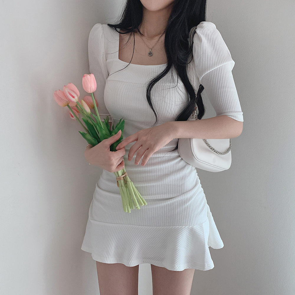 韓國chic夏季甜美氣質方領露鎖骨修身顯瘦泡泡袖包臀短款連衣裙女
