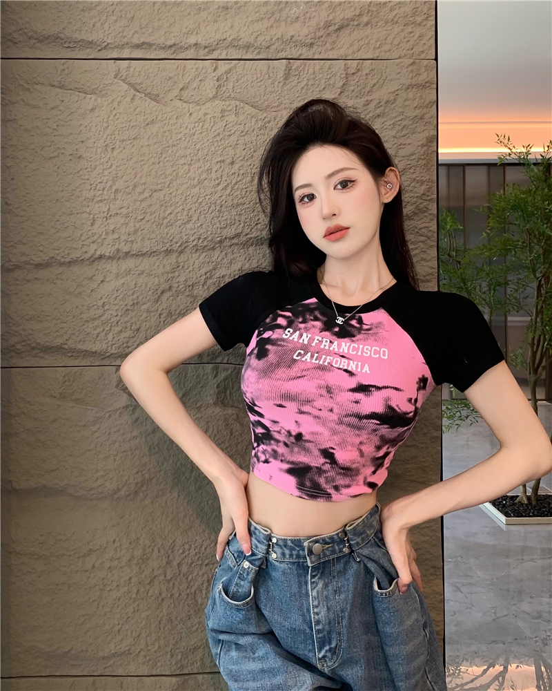 Actual shot~Korean style hot girl style/contrast color splicing sleeves letter print slim fit short berry pink short-sleeved T