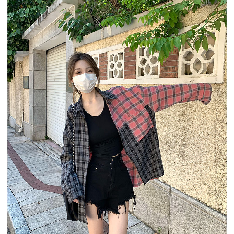 不規則拼接格子襯衫女早秋季寬鬆休閒設計感小眾上衣長袖襯衣外套