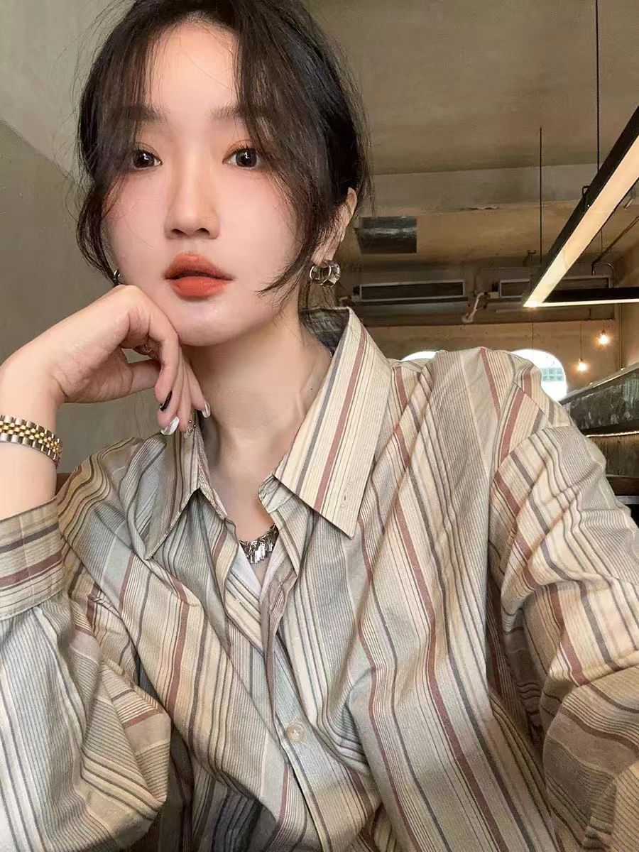 任小藝2024春秋新品豎條紋襯衫女韓系學院風隨性寬鬆襯衣休閒上衣