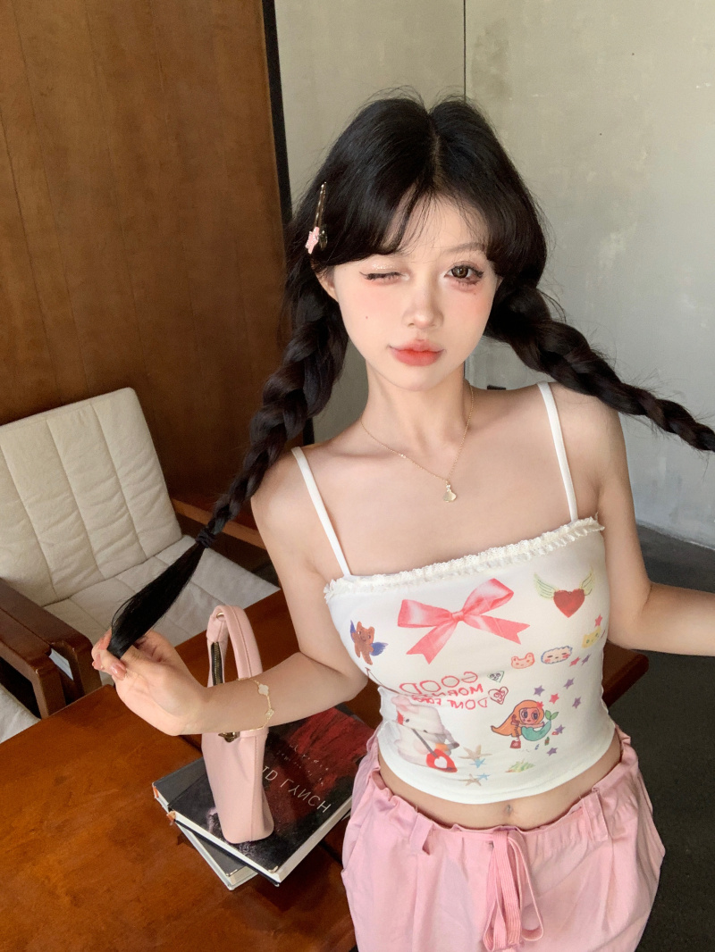 實拍 愛的覺醒印花吊帶背心女夏設計感撞色修身短款無袖上衣