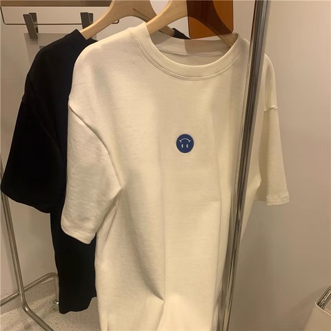 刺繡短袖t恤女夏裝新款韓版ins潮笑臉寬鬆百搭內搭上衣女