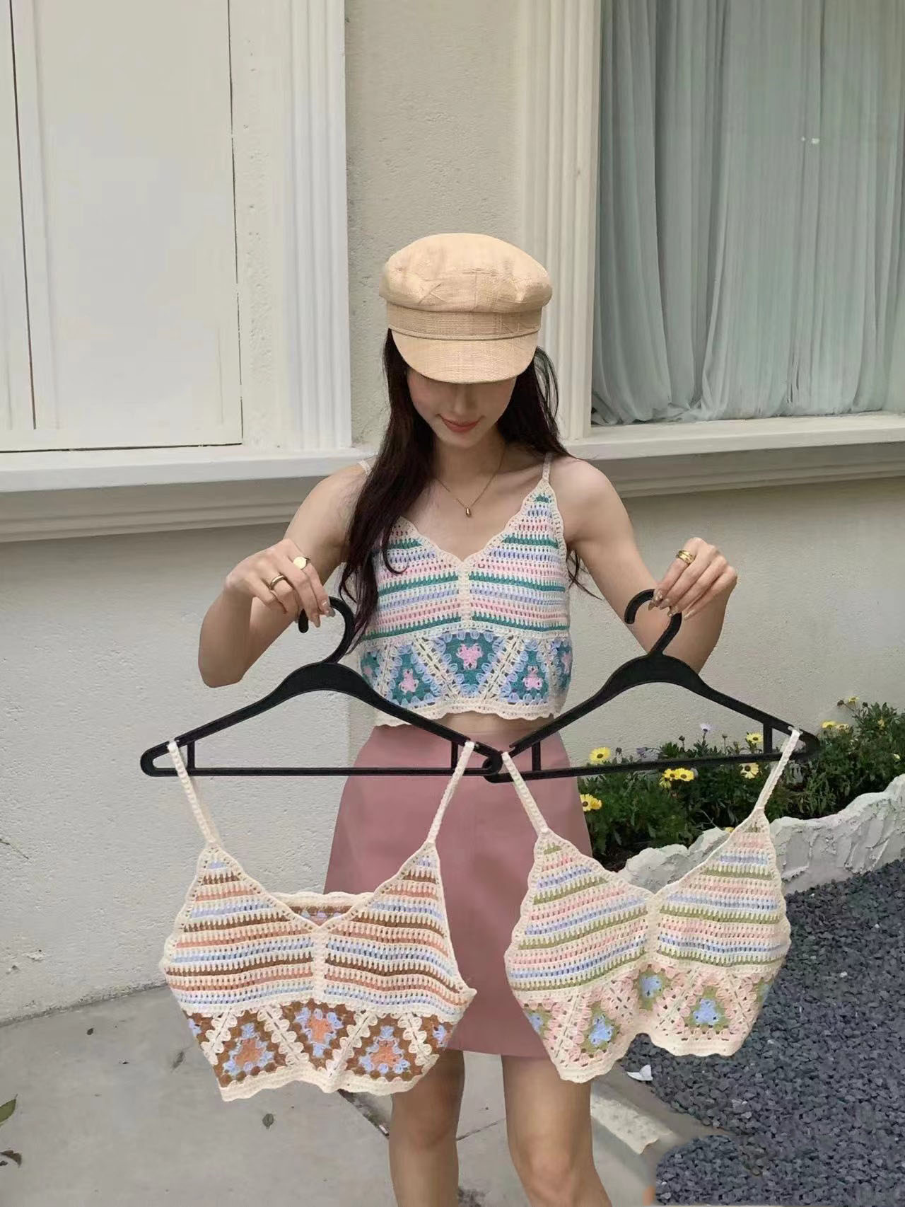 法式甜辣小背心女夏外穿波西米亞度假風無袖上衣鏤空鈎花針織吊帶