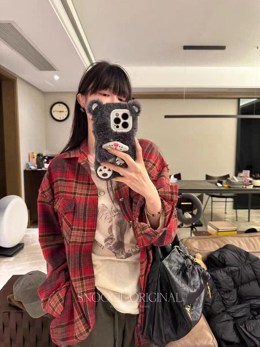 錢美西 復古撞色紅格子休閒長袖襯衫 慵懶風百搭寬鬆防曬上衣女