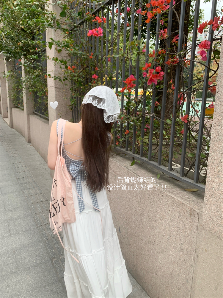 實拍~ 法式大露背蝴蝶結格紋無袖背心+百搭休閒設計感半身裙