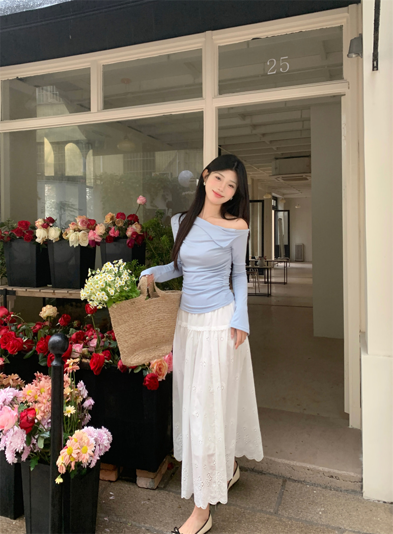 春季新款針織修身設計感上衣露肩T恤女+初戀繡花小白裙