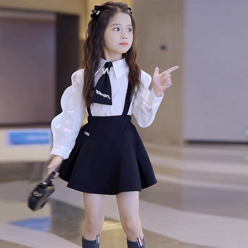 女童春秋學院風套裝韓版兒童中大童時髦洋氣長袖襯衫背帶裙兩件套