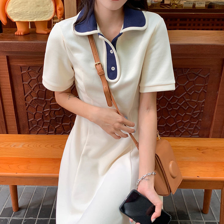 新款連衣裙女學院風polo領設計感小眾學生中長款裙子