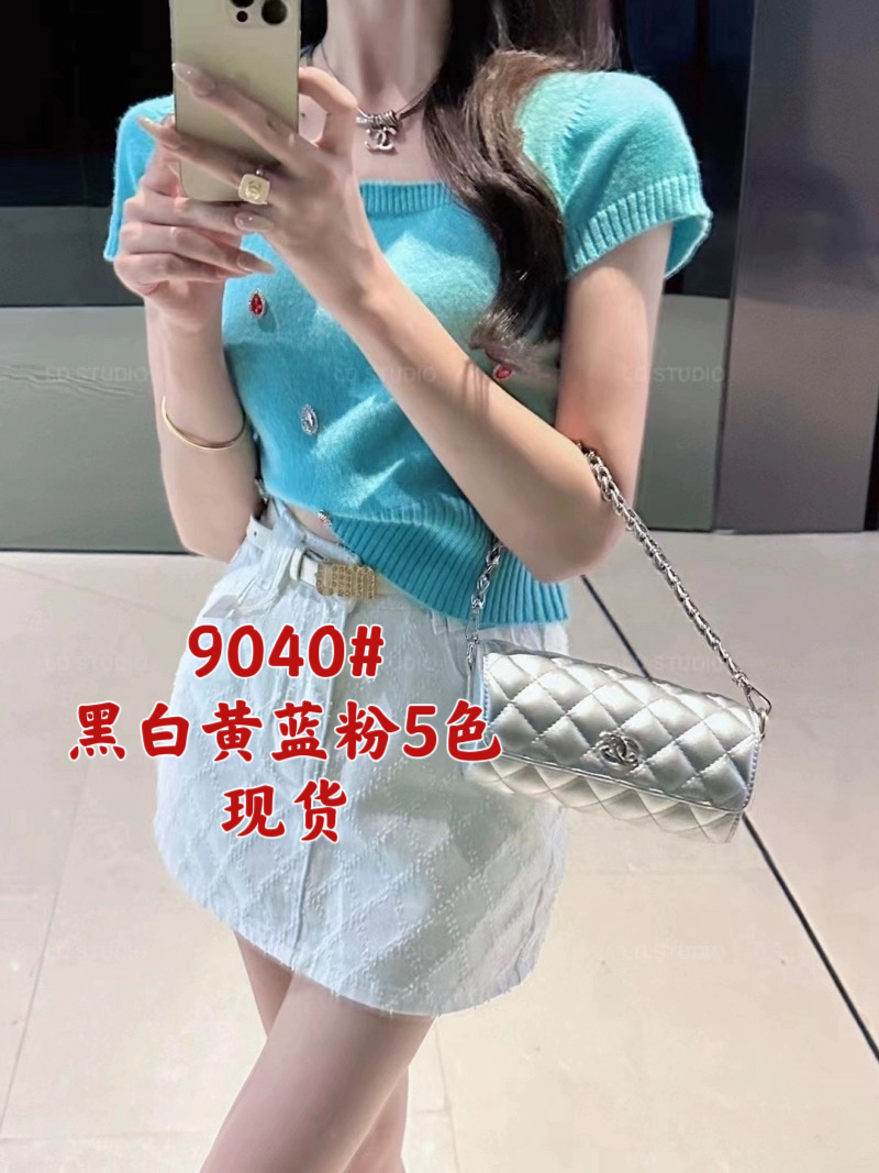 LiNa 2024春新款韓版千金名媛百搭彈力釘珠水鑽短袖圓領針織上衣