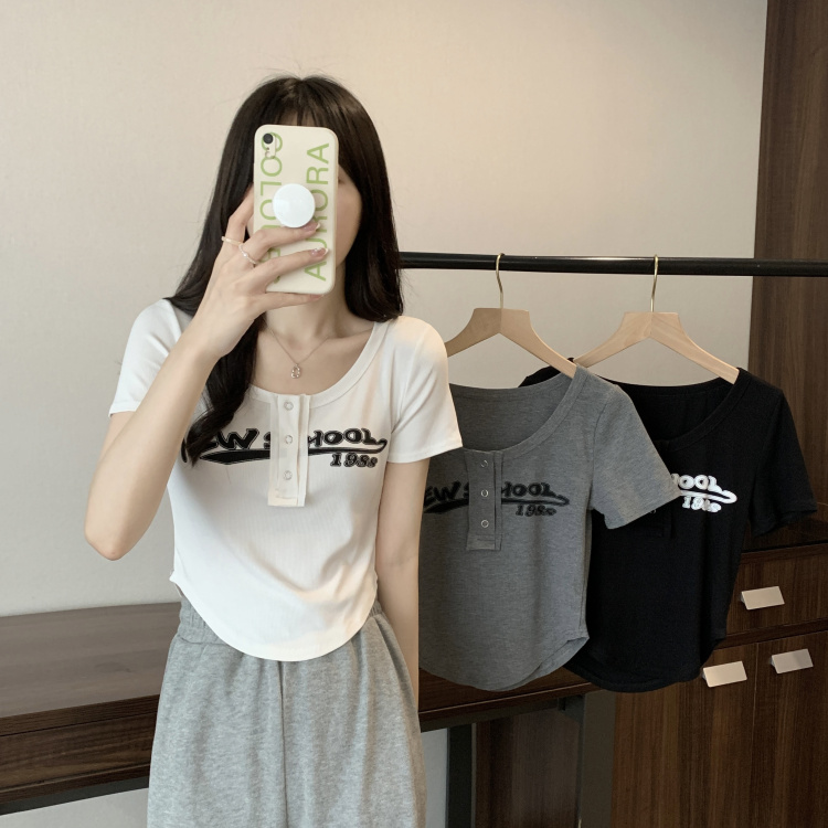 甜辣風字母印花短袖t恤女設計感小眾別致短款顯瘦上衣夏