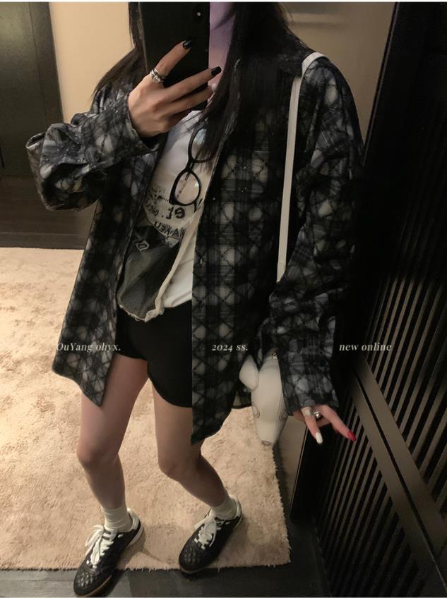 區區歐陽亮片網紗格子襯衫外套女春季寬鬆設計感小眾襯衣復古上衣