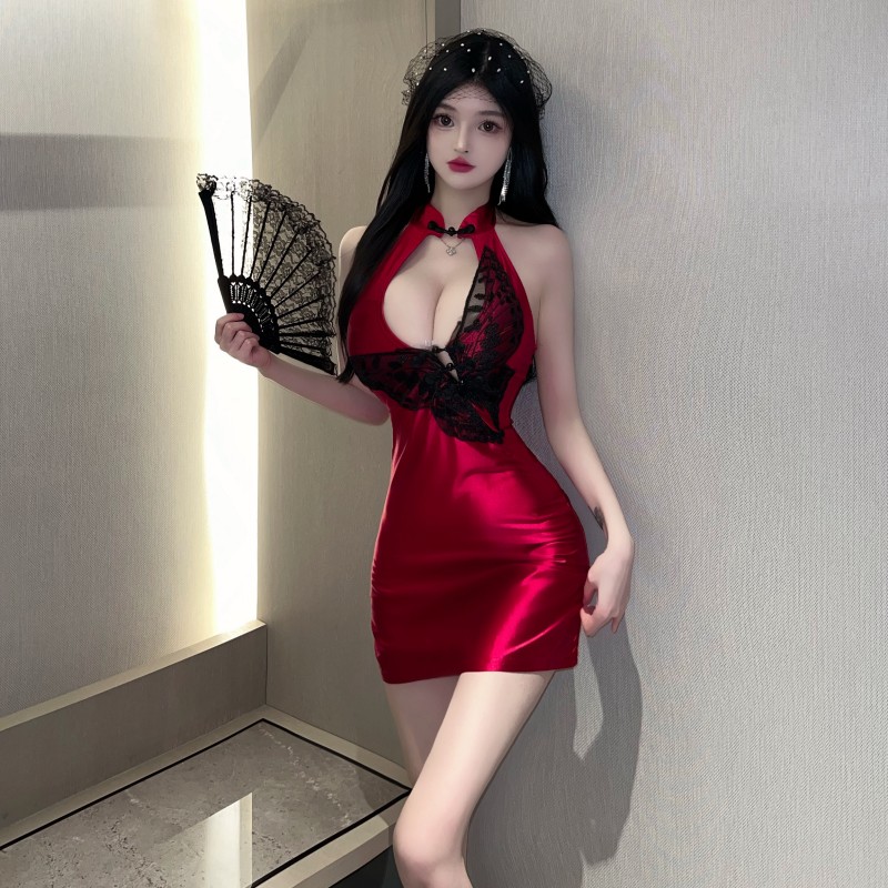 實拍~性感低胸旗袍復古刺繡緊身包臀連衣裙國風女裝