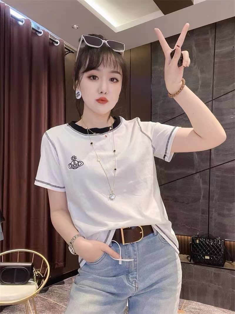 設計感撞色短袖T恤女2024夏季新款字母刺繡洋氣百搭打底衫上衣ins