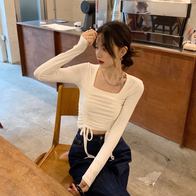 韓版簡約修身顯瘦百搭長袖春季新款方領外穿內搭上衣女