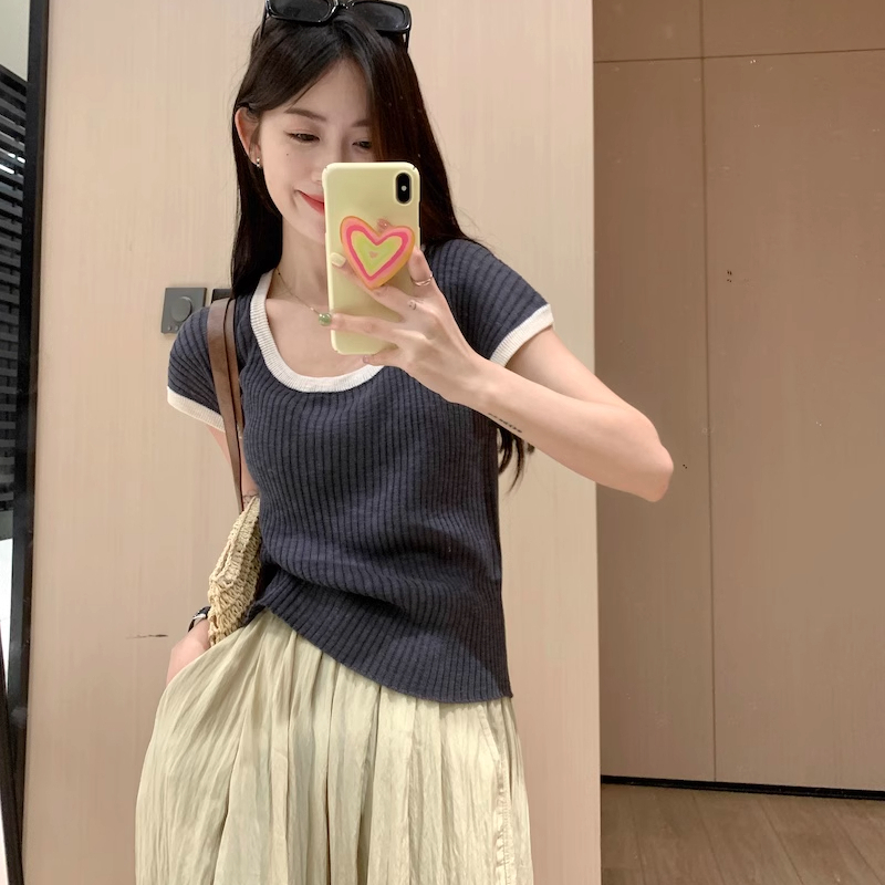 撞色圓領短袖針織衫女夏季韓版新款修身顯瘦短款百搭上衣