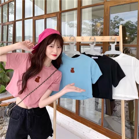 夏季韓版新款修身顯瘦短款露臍小熊刺繡短袖T恤學生上衣女裝