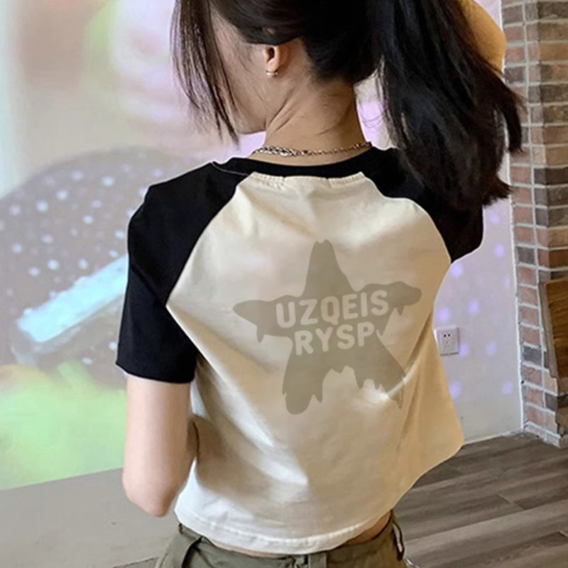 1*1純棉 高彈力撞色拼接純棉短款短袖女插肩袖辣妹露臍顯瘦體恤