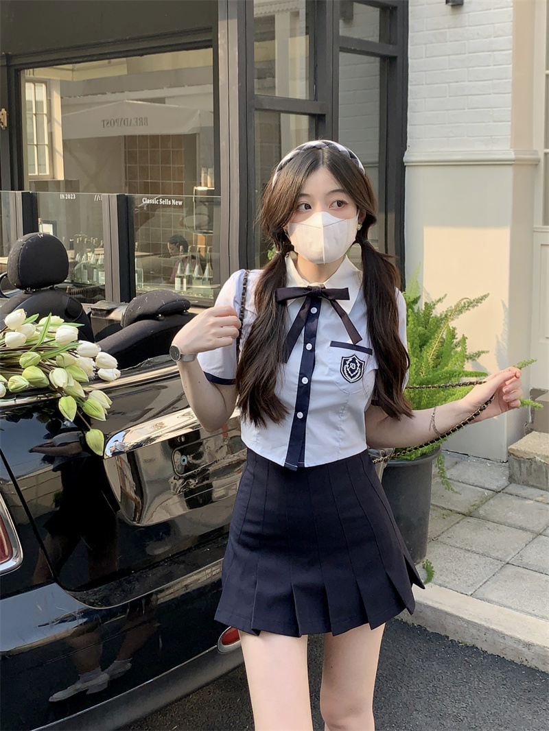 實拍~辣妹學院風設計感短袖襯衫女+高腰顯瘦百搭裙