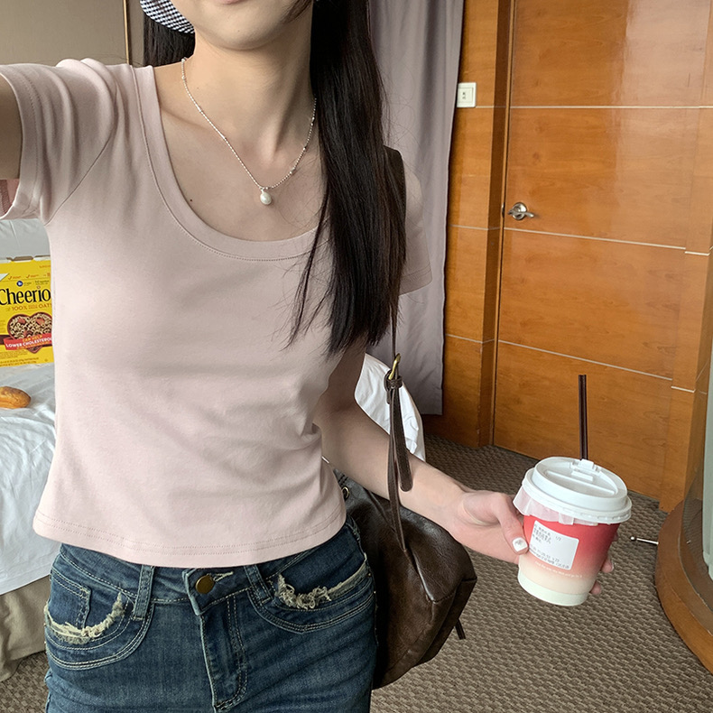 hollyii 韓系圓領短袖辣妹收腰短款小眾設計感T恤女上衣2024新款