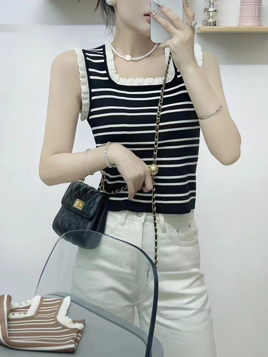 內搭小吊帶背心女外穿夏季顯瘦設計感木耳邊無袖冰絲拼色拼接上衣