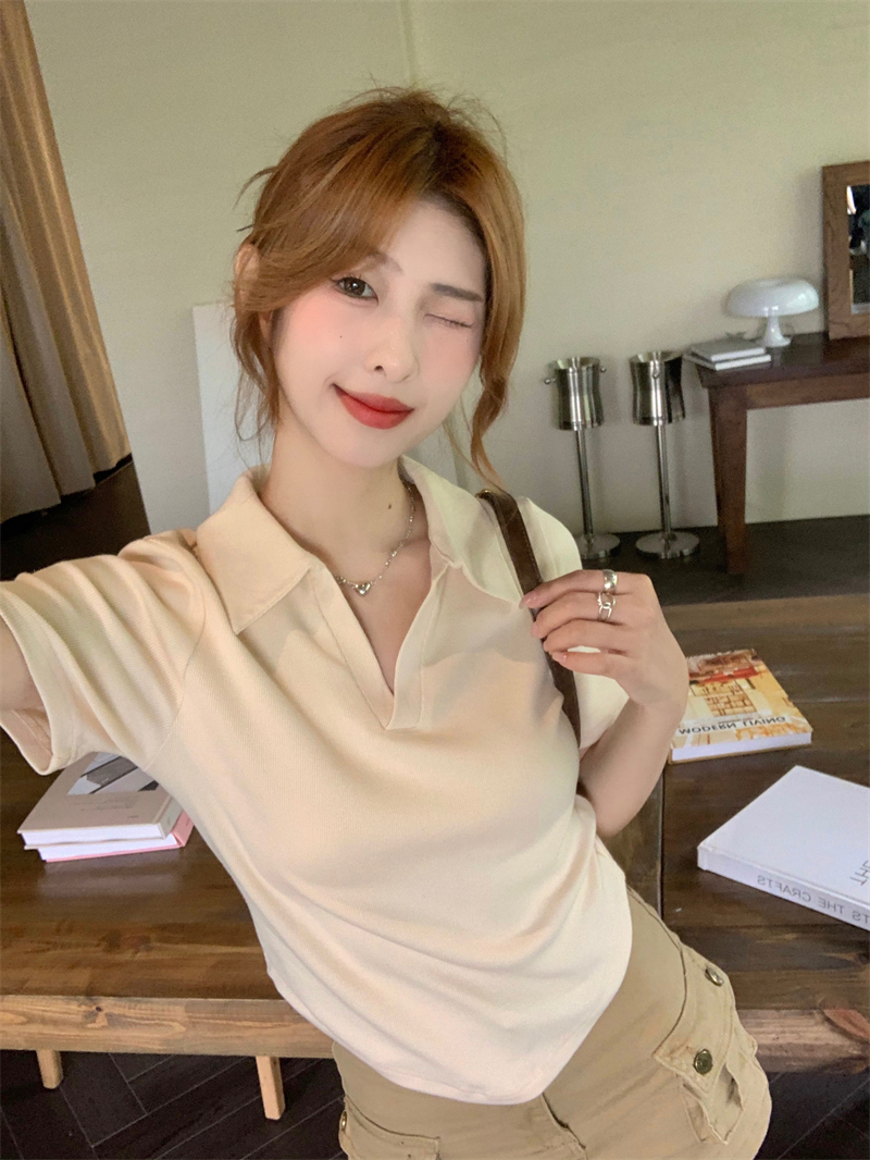 實拍 夏季新款辣妹風設計感不規則小翻領修身顯瘦短款T恤女