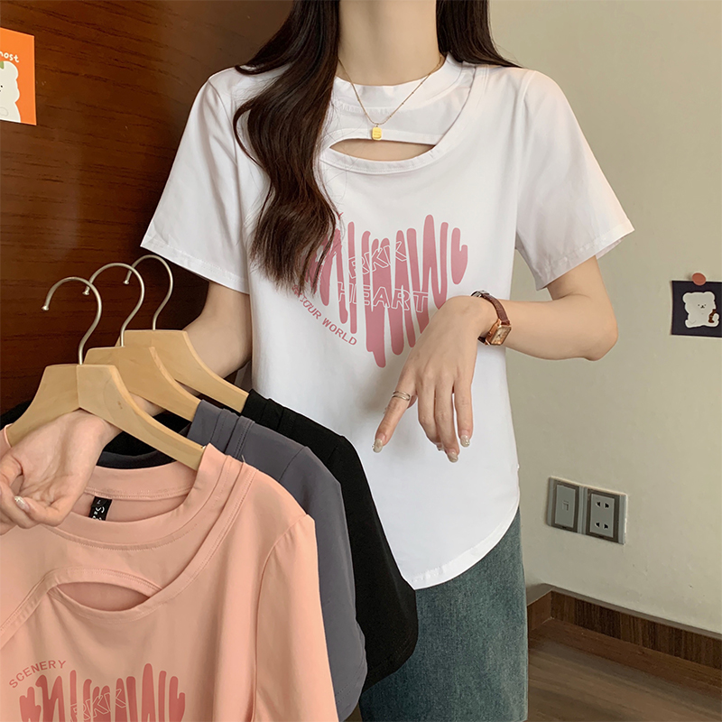 實拍大碼女裝2024夏季新款設計感鏤空寬鬆顯瘦印花短袖T恤上衣