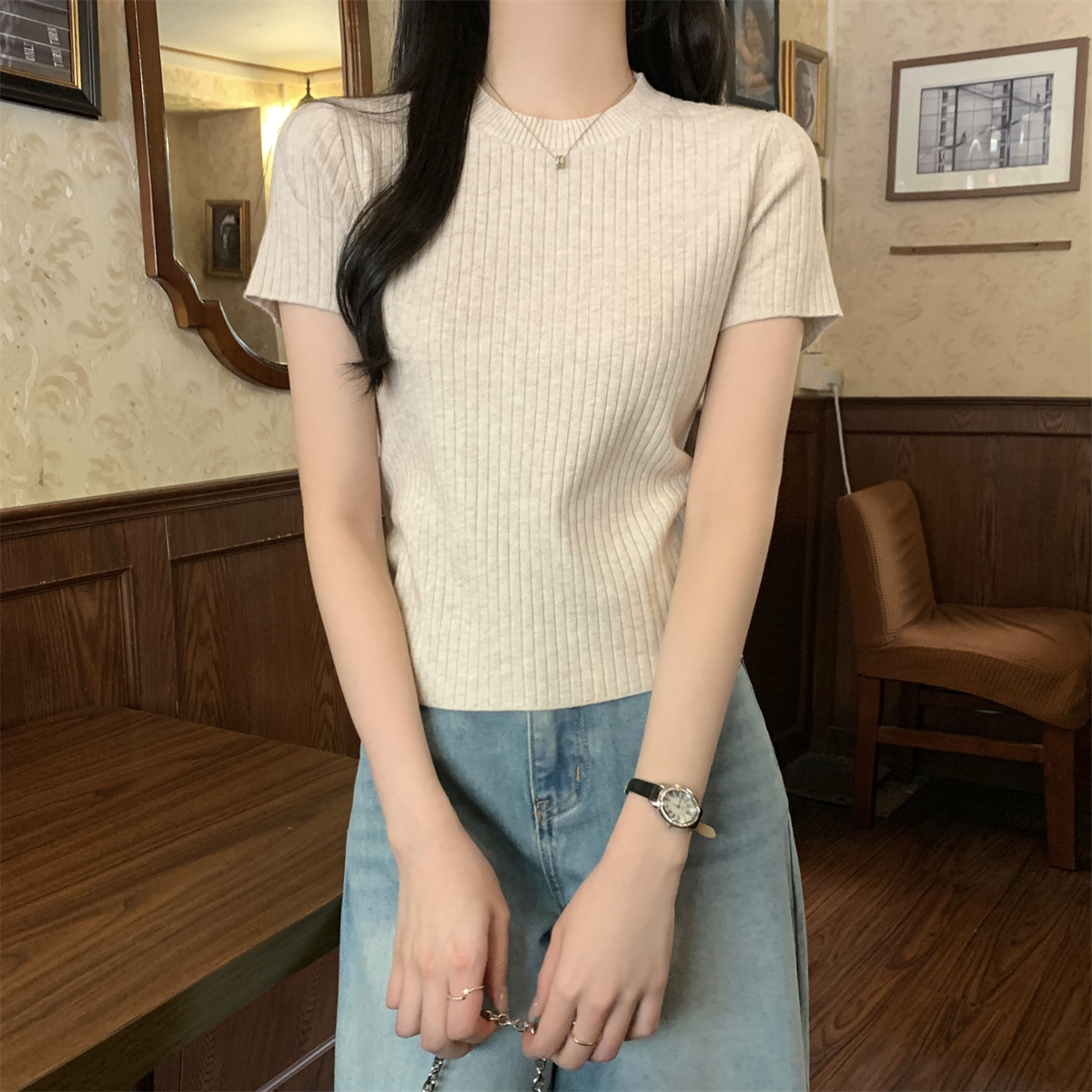 實拍 春夏韓版圓領純色基礎百搭坑條安迪絨針織短袖上衣女