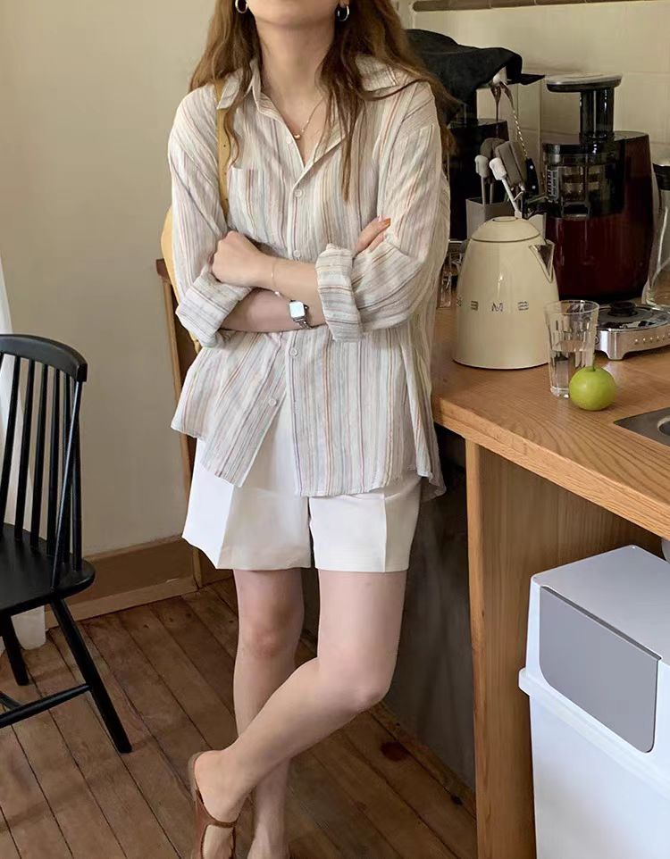2024春季新款薄款棉麻條紋襯衫女設計感小眾氣質襯衣休閒長袖上衣
