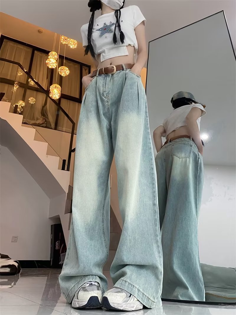 大碼高腰直筒寬鬆高街闊腿拖地牛仔褲女