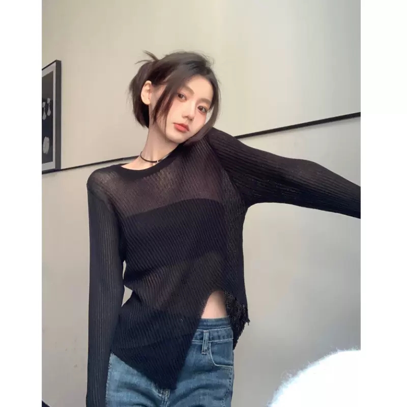 不規則長袖針織衫女春季薄款微透設計感寬鬆顯瘦套頭防曬罩衫上衣
