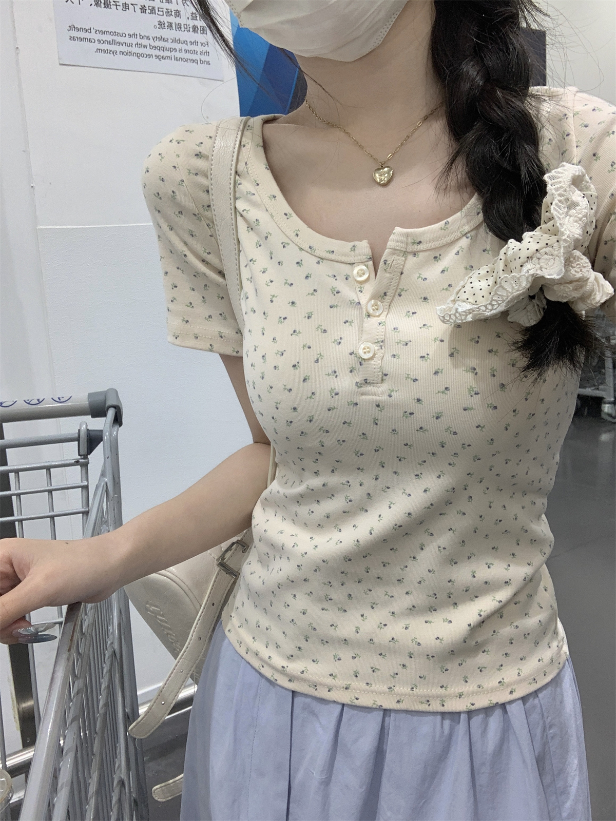 實拍 春夏韓版bm純欲方領紐扣碎花設計感純棉短袖T恤上衣女