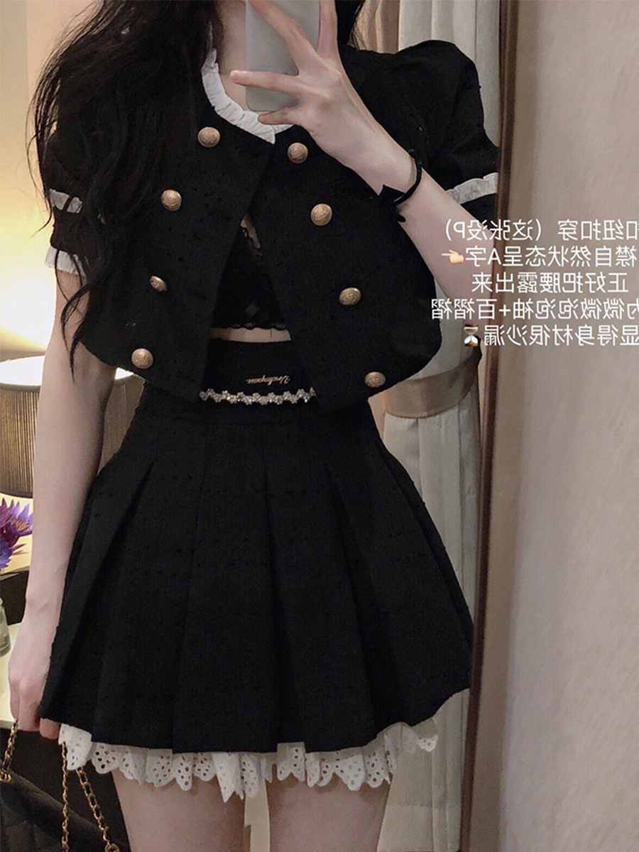 學院風黑色小香風套裝女夏短款高級感小洋裝甜辣西裝百褶裙兩件套