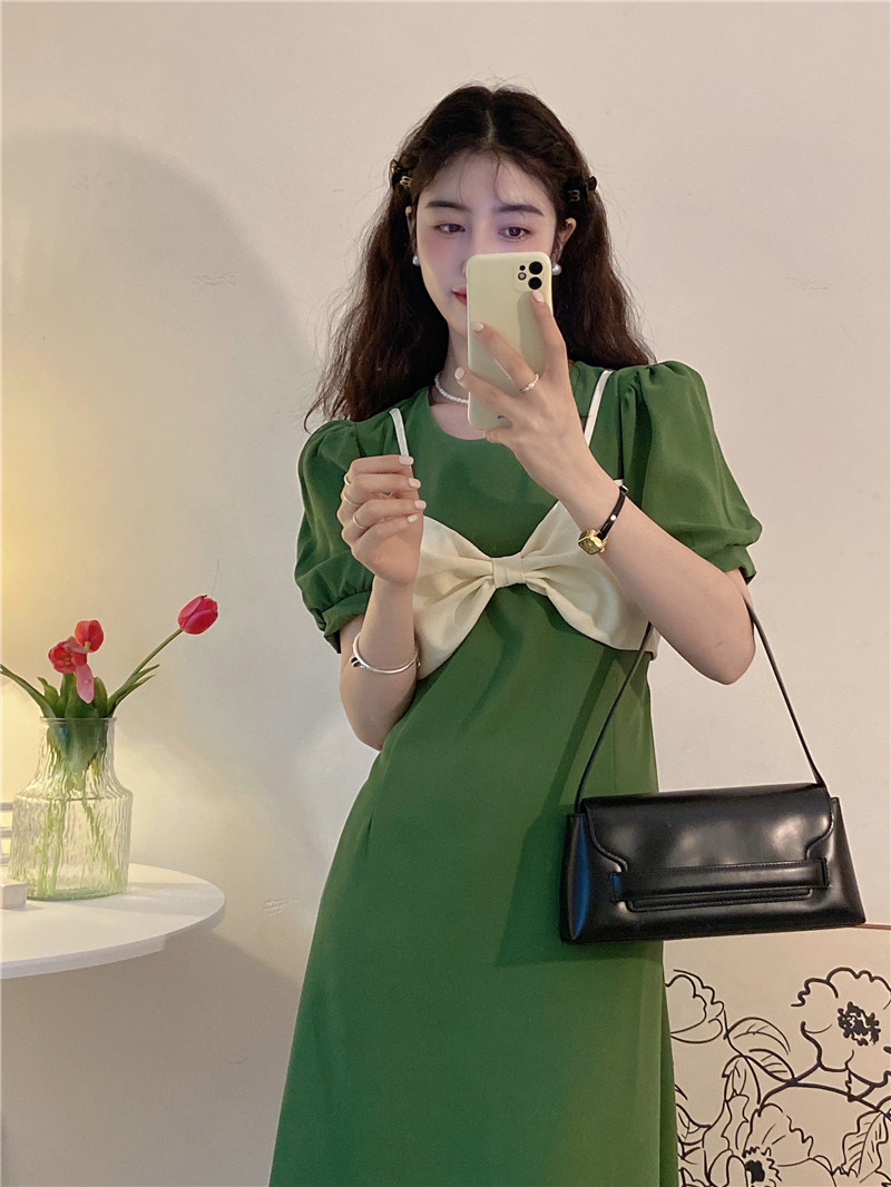 實拍 ~氣質設計感假兩件蝴蝶結收腰顯瘦連衣裙~
