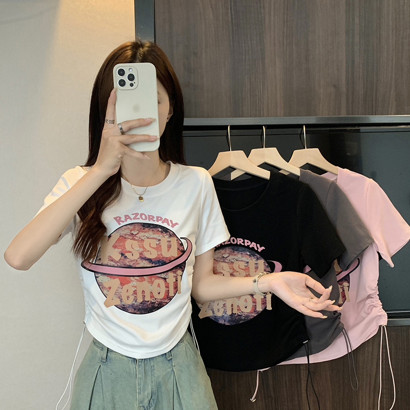 抽繩美式大碼字母印花短袖t恤胖mm夏季女裝新款設計感短上衣正肩