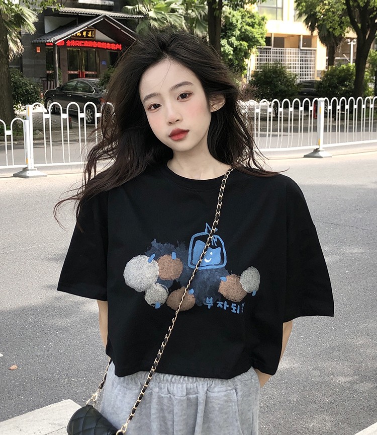 正肩短袖t恤女設計感小眾半袖高腰寬鬆短款上衣港味chic夏季