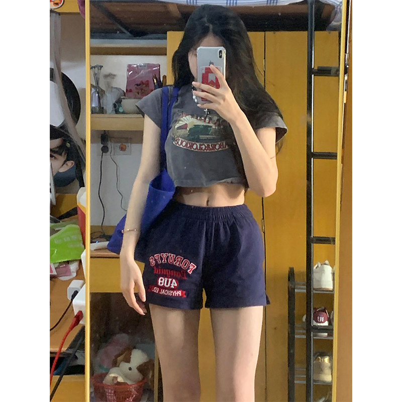 原版刺繡 美式潮牌辣妹外穿運動短褲子女夏季寬鬆休閒熱褲