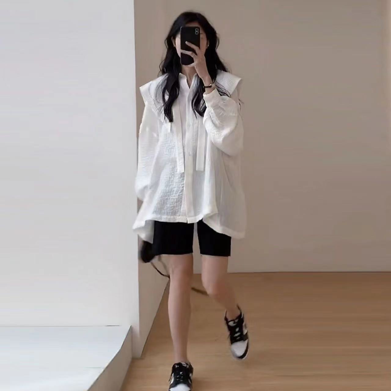 設計感小眾系帶娃娃領長袖襯衫女秋上新韓版時尚洋氣寬鬆顯瘦上衣