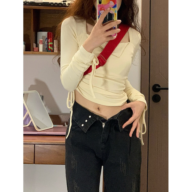 已出貨 方領純欲長袖T恤女新款外穿修身小眾設計感抽繩上衣ins