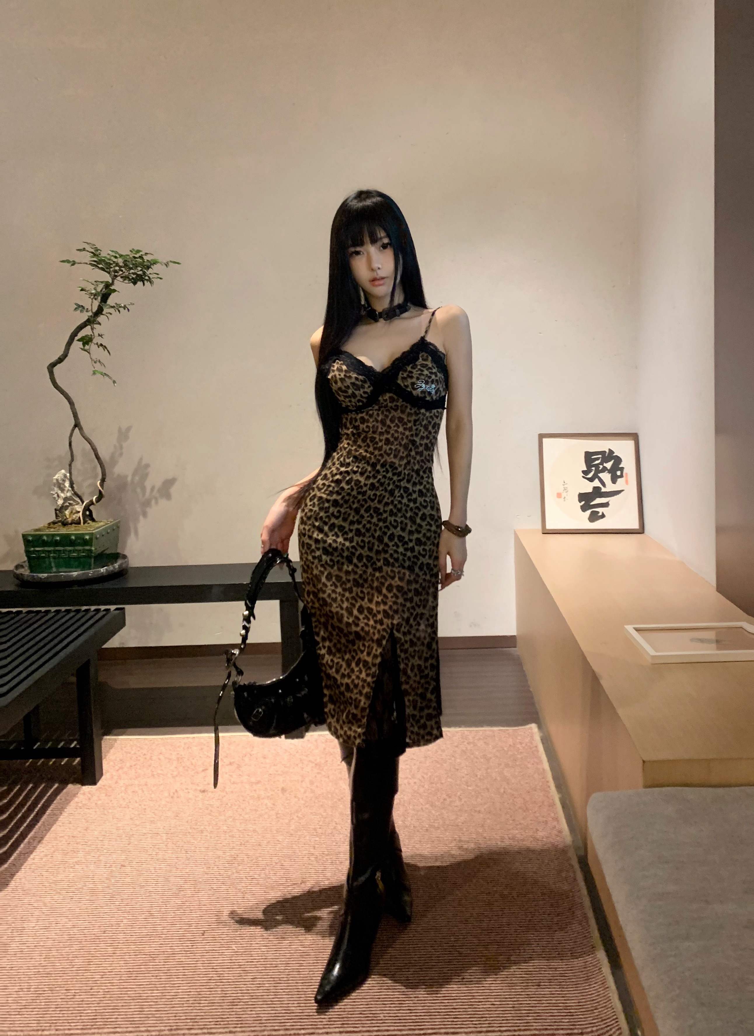 實拍~美式復古微透蕾絲拼接豹紋連衣裙女性感辣妹吊帶包臀裙