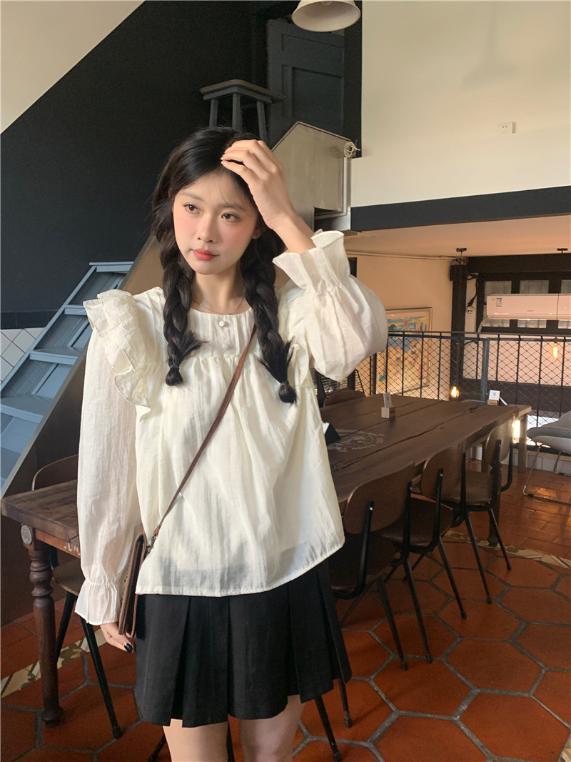 實拍設計感甜美木耳邊雪紡衫女溫柔寬鬆顯瘦襯衫上衣