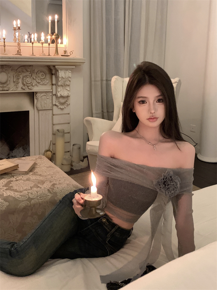 實拍 純欲細閃花朵一字肩半透小心機網紗短款上衣女