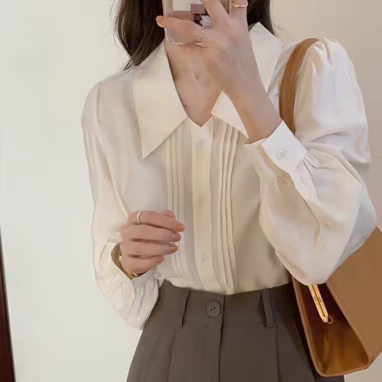法式白色polo領長袖襯衫女設計感小眾雪紡內搭襯衣小個子上衣
