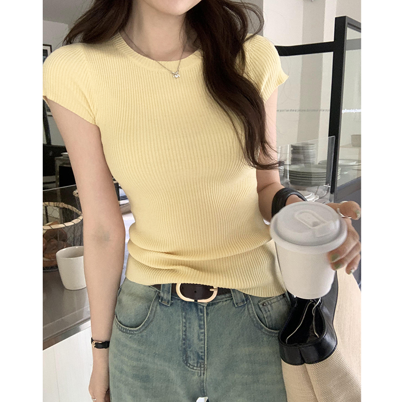 Real shot of round neck solid color slim fit elastic knitted short-sleeved T-shirt for women spring and summer 2024 new slim top