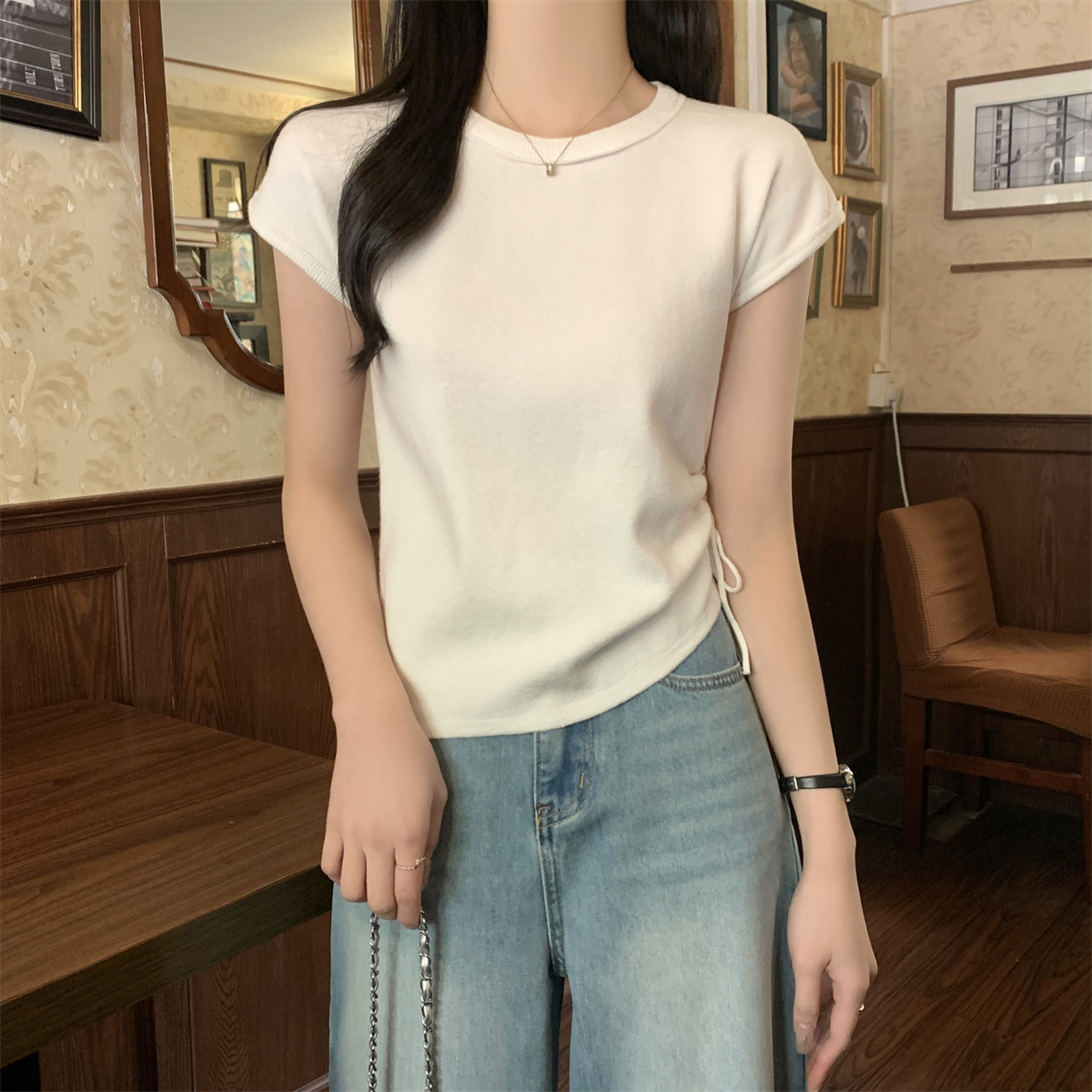 實拍 春夏韓版圓領純色抽褶顯瘦安迪絨針織短袖上衣女