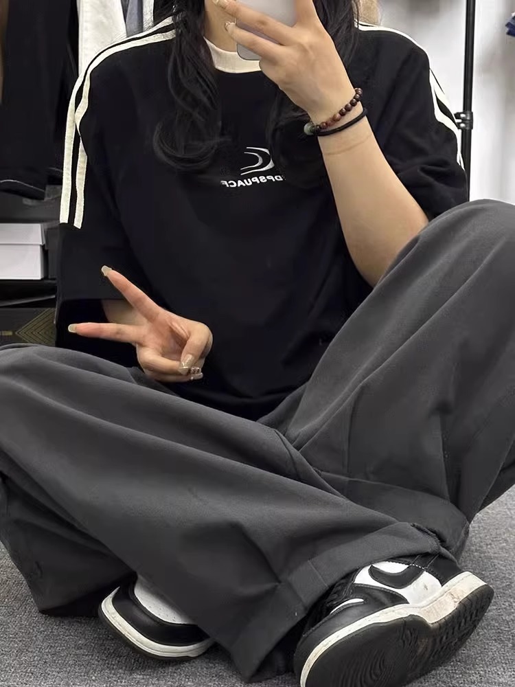官圖  220克100%棉三條槓 2024年新款夏裝短袖T恤女
