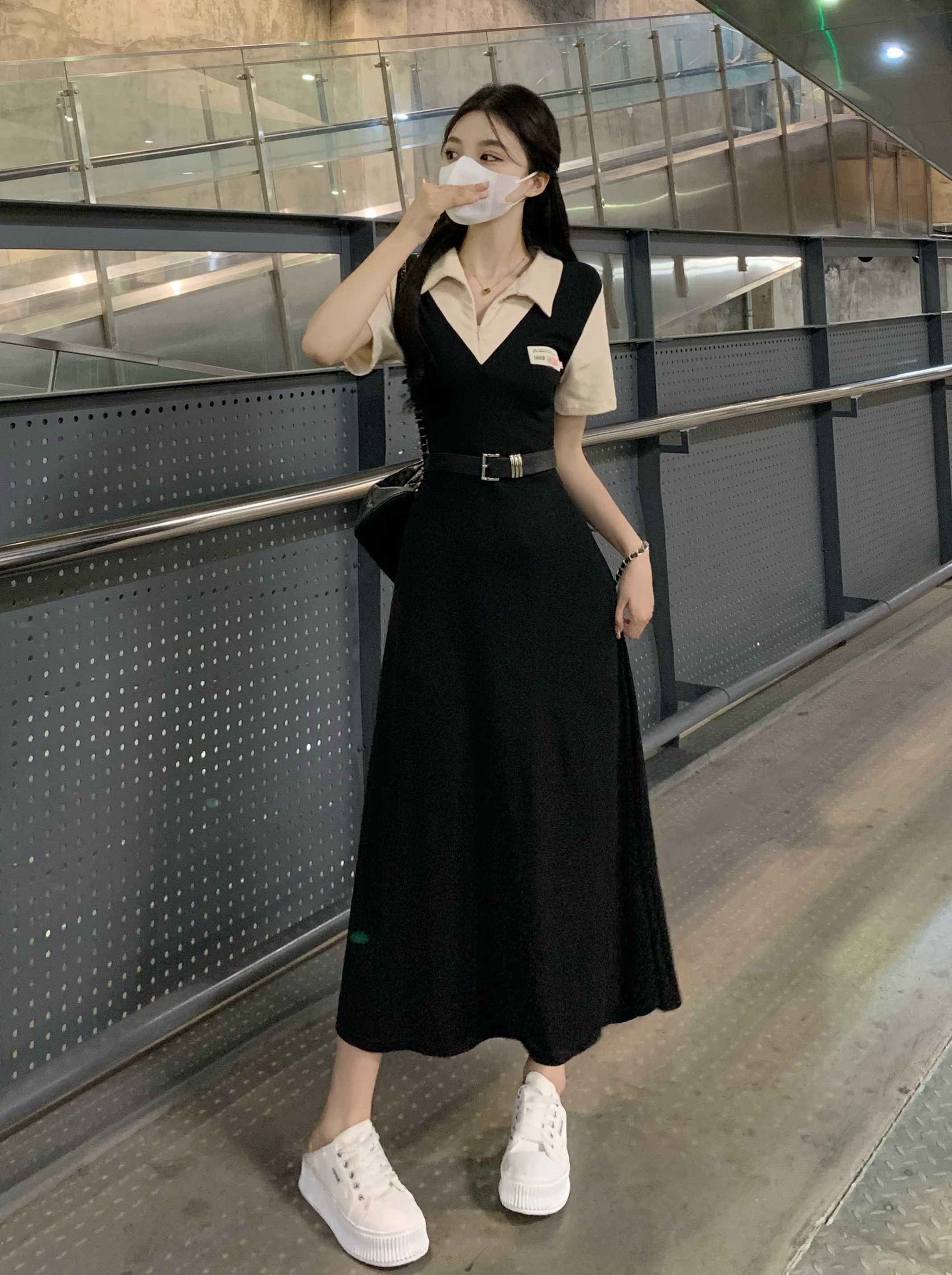 實拍~ 美式翻領氣質短袖連衣裙女收腰顯瘦學院風性感A型裙