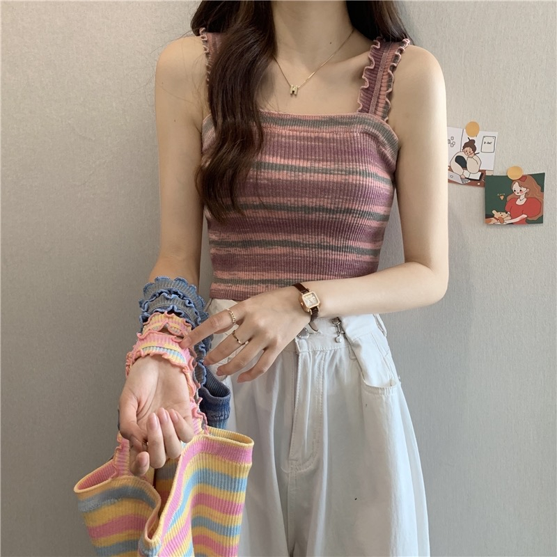 復古條紋木耳邊針織吊帶背心女夏季純欲設計感小眾短款無袖上衣潮
