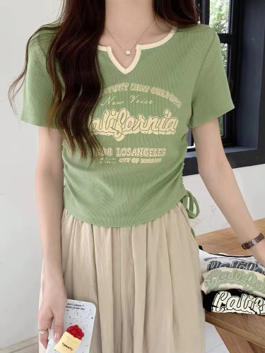 Official picture of ice silk threaded letter printed short-sleeved T-shirt for women with V-neck drawstring design and trendy short top