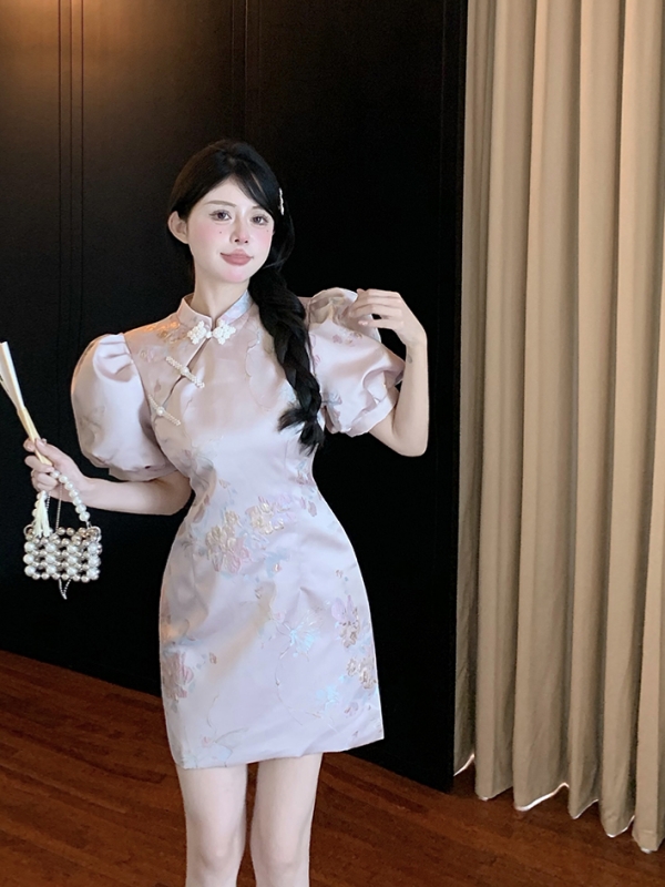 實拍  中式立領盤扣泡泡袖修身氣質A字國風提花旗袍連衣裙女