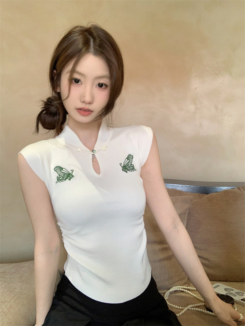 實拍 新中式復古刺繡蝴蝶結盤扣套頭上衣百搭背心針織衫
